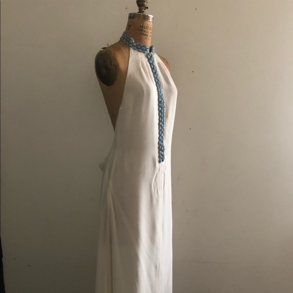 J.DOSI]Turquoise Embellishment Cream Silk Crepe Halter neck Backless Dress - Picture 10 of 16